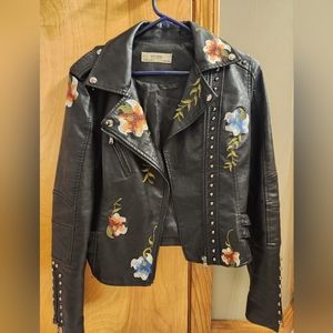 Black leather jacket with floral embroidery